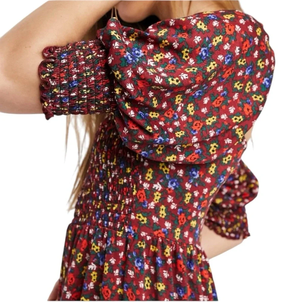 ASOS Burgundy Floral Smocked Puff Sleeve Maxi Dress Sundress Size US 16 - Picture 5 of 10